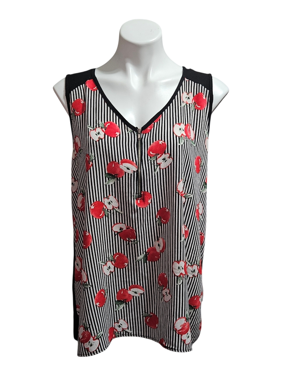 Sleeveless Black & White Striped Tank Top With Red Apple Print